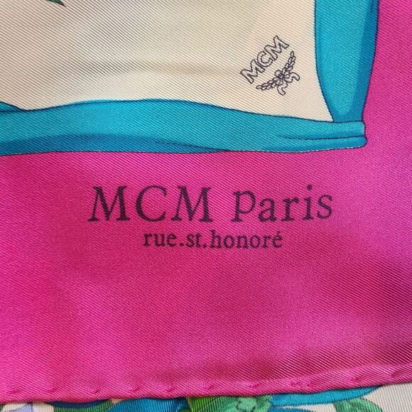 MCM -ONLY ONE- Hot Pink & Blue Floral Butterfly Print 34" 100% Silk Scarf VGUC - Picture 7 of 11